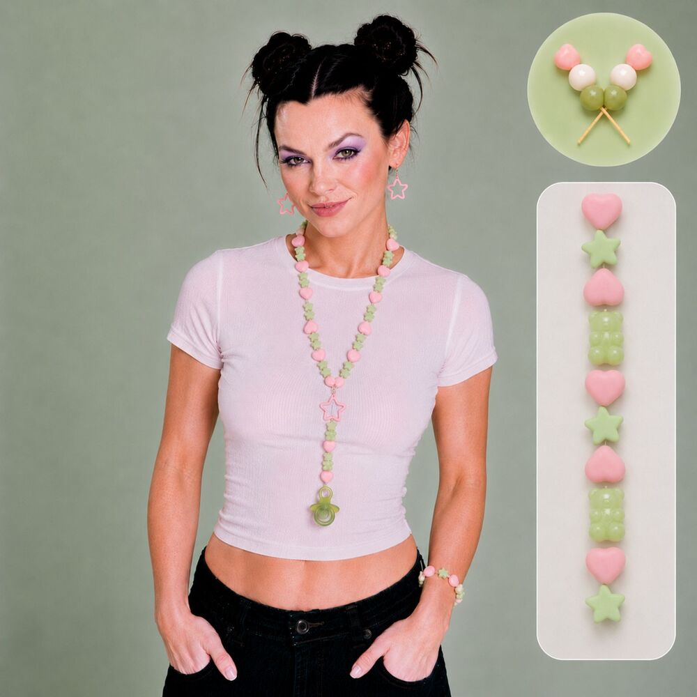 (Gummy Bear) Kandi Rave 5pc Set necklace, bracelet, earrings, strawberry binky